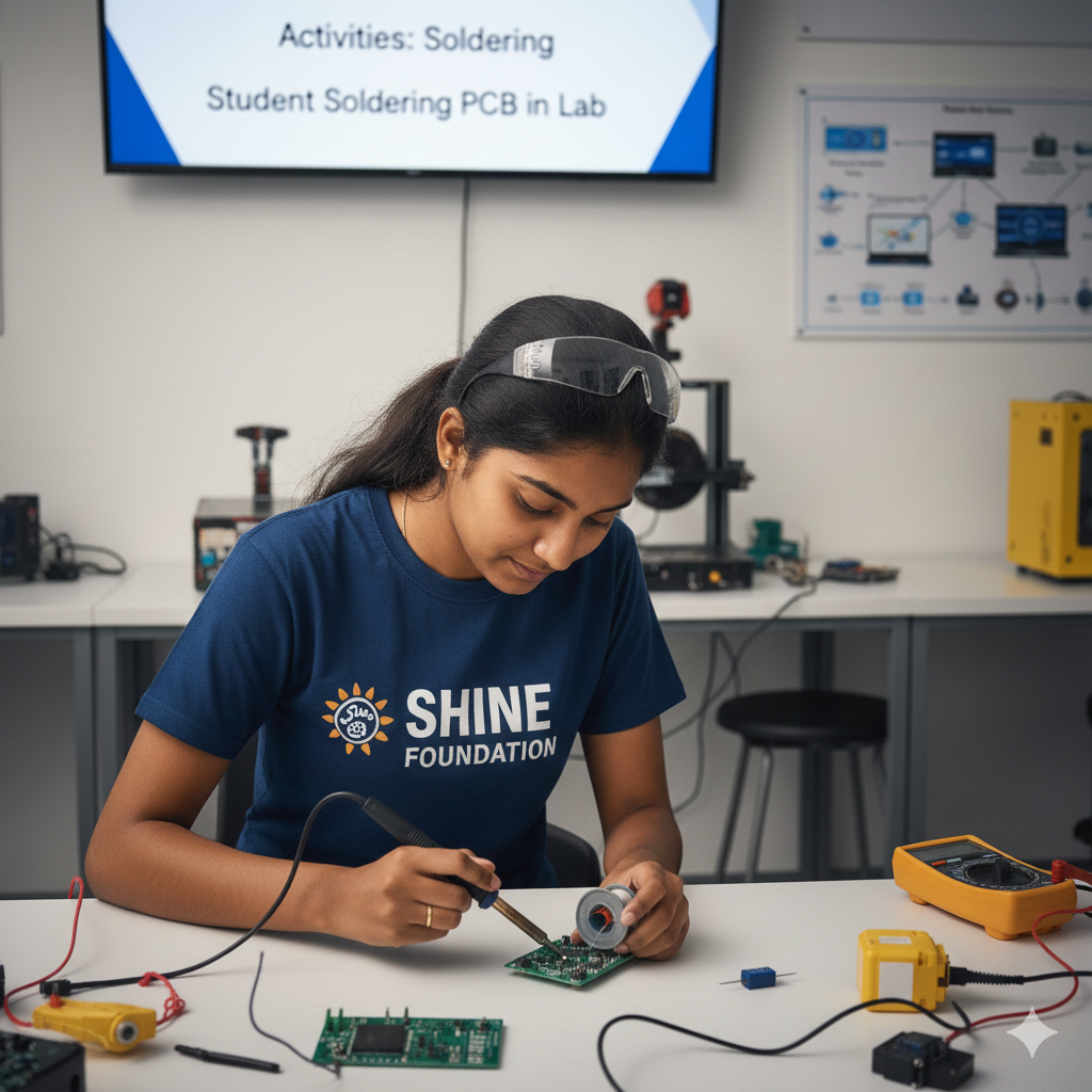 Student soldering PCB in lab